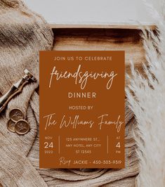 an orange and white dinner party card with the words, friends giving dinner hosted by the williams family