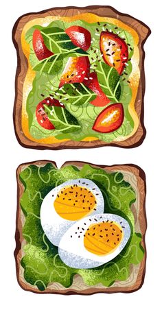 two slices of bread with different types of food on top of each other, one has an egg and the other has spinach