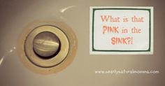 a sink with a sign that says what is that pink in the sink? on it