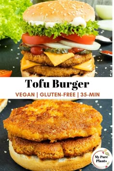 two burgers with chicken, lettuce and tomato on top are shown in this collage