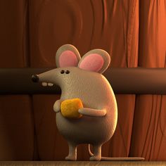 a cartoon mouse holding onto a piece of food in front of a wooden wall with curtains behind it