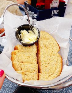 two slices of bread with ice cream in a basket