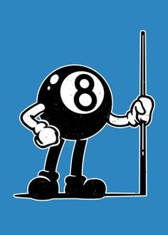 an eight ball cartoon character leaning on a pole with his arm in the air, and holding