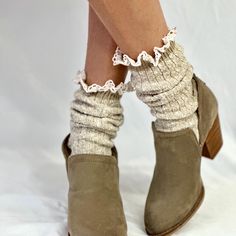 MARLED cotton short lace boot socks - tan A must-have for any short boot owner, our marled cotton short lace boot socks provide a soft texture and complement a variety of shoe and boot options. Made with premium cotton marled yarn, these socks are both comfortable and stylish. made in america sock is  8'" from heel to toe cotton blend sock one size fits most women 6-10    cozy and comfortable    rib knit design * Signature socks by Catherine  Cole Quality lace socks for women  Women have been calling our lace socks their signature look for many years Lace Boot Socks, Short Boot, Lace Socks, Socks For Women, Boot Socks, Cute Shorts, Socks And Hosiery, Soft Texture, Short Boots