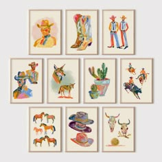 six framed pictures with cowboy images on the wall above them, each featuring an animal and cactus