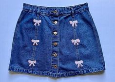 Unique Hand Embroidered Girly Pink Bow Upcycled Button Front Jean Mini Skirt M  | eBay Cute Denim Skirt For Spring, Spring Cute Cotton Denim Skirt, Cute Medium Wash Denim Skirt For Spring, Cute High Waist Cotton Denim Skirt, Cute Fitted Denim Skirt With Pockets, Cute Fitted Denim Skirt, Cute High Waist Denim Skirt, Fitted Casual Denim Skirt With Buttons, Cute Cotton Bottoms With Buttons