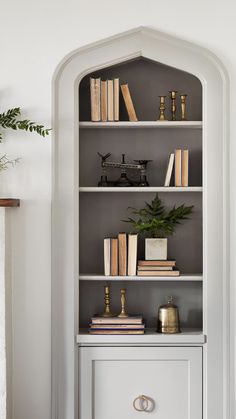 a white book shelf with books on top of it next to a fireplace and potted plant