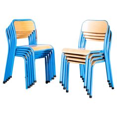 four blue chairs with wooden seats on each side and one chair in the middle, all stacked up