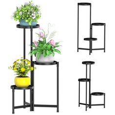 three tiered plant stands with flowers in them