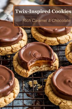 chocolate covered cookies on a cooling rack with the words, twix - inspired cookies rich caramel & chocolate