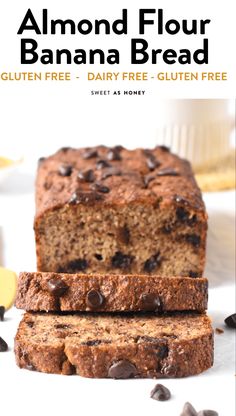 two slices of banana bread with chocolate chips on top and the title above it reads, almond flour banana bread gluten free