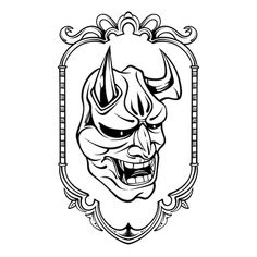 an illustration of a demon mask in the middle of a frame