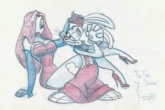 two cartoon characters hugging each other in the middle of a drawing, one is pink and blue