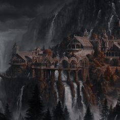 a painting of a castle in the middle of a mountain with waterfall and trees on it