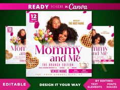 the mommy and me flyer is displayed on a green background with pink flowers, hearts and waffles