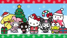 an image of hello kitty christmas card with many different characters around the holiday tree and presents