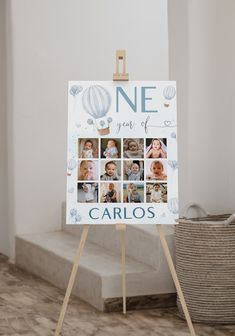 an easel with a one year photo on it