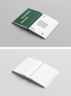 an open book with green and white pages on the front, side and back cover