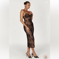 This Is A Midi Dress That’s Designed For A Comfortable Yet Supportive Fit With Its Underwire Detailing. Venice Also Incorporates A Custom Embroidered And Beaded Mesh Fabric, Along With Extra Mesh Layering For Added Ease Of Wear. Brand New, Never Worn With Tag Black Lace Midi Dress With Sheer Details, Black Sheer Dinner Dress, Black Sheer Dress For Dinner, Sheer Black Midi Dress For Casual Wear, Black Sheer Midi Dress For Casual Occasions, Black Sheer Midi Dress For Casual Wear, Sheer Black Lace Dress For Date Night, Mesh Bodysuit Dress, Mesh Layering