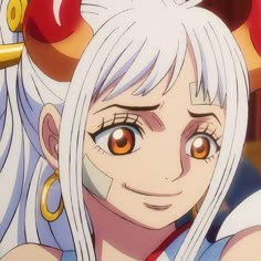 an anime character with long white hair and big orange eyes, wearing horns on her head