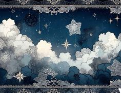 the sky is filled with stars and clouds in blue, white and black colors as well as an ornate border