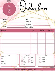 Pink order form with flowers that you can customize to your business Diy Order Form, Custom Order Form For Craft Show, Small Business Order Forms, Order Forms For Craft Business, Tumbler Business, Business Worksheet, Purchase Order Form, Custom Order Form, Cupcake Logo