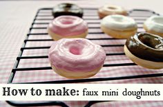 six doughnuts on a cooling rack with the words how to make fax mini doughnuts