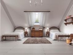 an attic bedroom with two twin beds and a dresser in the corner stock photo - 789