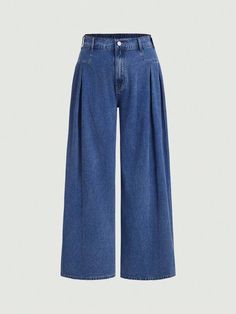 Plus Size Loose Baggy Pleated Wide Leg Blue Jeans Medium Wash    Denim Plain Wide Leg Non-Stretch  Women Plus Clothing, size features are:Bust: ,Length: ,Sleeve Length: Jeans Dama, Vintage High Waisted Jeans, High Waisted Jeans Vintage, Knee High Stockings, Moda Jeans, Leg Sleeves, Flare Leg Jeans, High Waisted Jeans, Plus Size Jeans