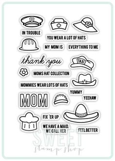 a clear stamp with words and hats on it