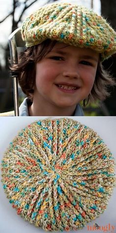 a little boy wearing a knitted hat and smiling at the camera, next to an image of a child in a crocheted hat