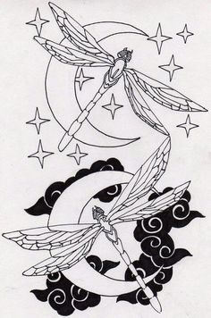 a black and white drawing of a dragon flying over the moon with stars on it