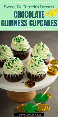 chocolate guinness cupcakes with white frosting and green sprinkles