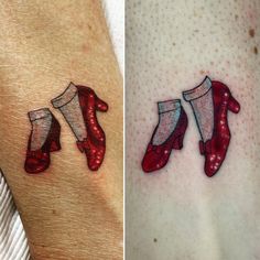 two pictures one with red and white socks on the left side of the arm, another with blue boots on the right side