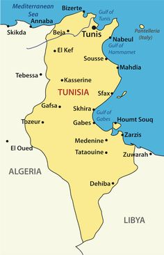 a map of the country of tunis with all its major cities and towns in yellow