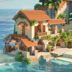 Minecraft Greece House, Dock Design Minecraft, Waxfraud Houses, Shops To Build In Minecraft, European Minecraft House, Minecraft Houses Beach House, Minecraft Greece Builds, Bonfire Minecraft, Coastal House Minecraft