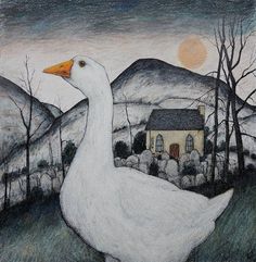 a drawing of a white goose standing in front of a house with trees and mountains behind it