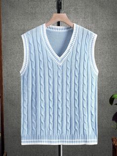 Manfinity Sporsity Men Striped Trim Cable Knit Sweater Vest | SHEIN USA Mens Knitted Sweater Vest, Pastel Sweater Vest Men, Knitted Vest Men, Mens Sweater Vest, Blue Sweater Vest, Men Knitwear, Cable Knit Sweater Vest, Sweater Vest Outfit, Men Vest