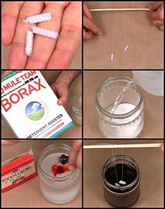 four pictures showing how to make borax with toothpaste and cotton swabs