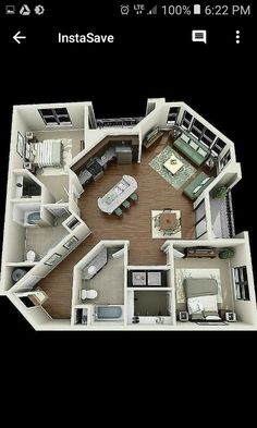 an apartment floor plan with all the furniture in it