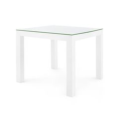 a white table with a glass top on a white background and green trim around the edge