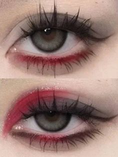 Emo Look Makeup, Scene Makeup Hooded Eyes, Creative Vampire Makeup, Red And Black Eye Shadow Looks, Vampire Eyeshadow Looks, Vampire Makeup Inspiration, Red Black And Silver Makeup, Glamorous Halloween Makeup, Under Eye Red Makeup