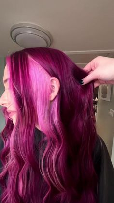 Muted Magenta Hair, Red And Fuschia Hair, Chunky Color Highlights, Pink Purple Red Hair, Color Block Vivid Hair, Hair Dye Colour Ideas, Fushia Hair Color Magenta, Fall Fun Hair Color, Deep Magenta Hair