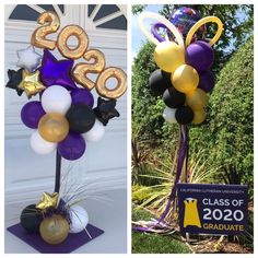 balloons and decorations are displayed in front of a door