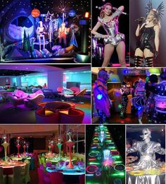 many different images of people dressed up in costumes and dancing around tables with lights on them