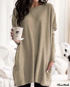 OliviaMark - Stylish Autumn Long Sleeve Casual Pocket T-shirt Rok Mini, Mom Clothes, Maxi Dress Summer, Spring Outfits 2022 Trends, Shirts Women Fashion, Round Neck Shirt, Spring Outfits 2022, Long Sleeve Tops Casual, Loose Outfit