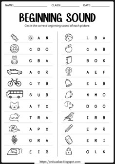 beginning sound worksheet with pictures to help students learn how to read the words