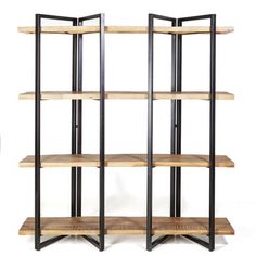 three wooden shelves with black metal frames and wood shelves on each side, against a white background