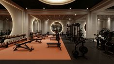 a gym with rows of exercise equipment and mirrors on the wall, along with lights