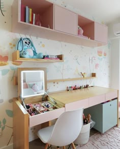 a child's bedroom with pink and blue furniture, wallpapered in pastel colors